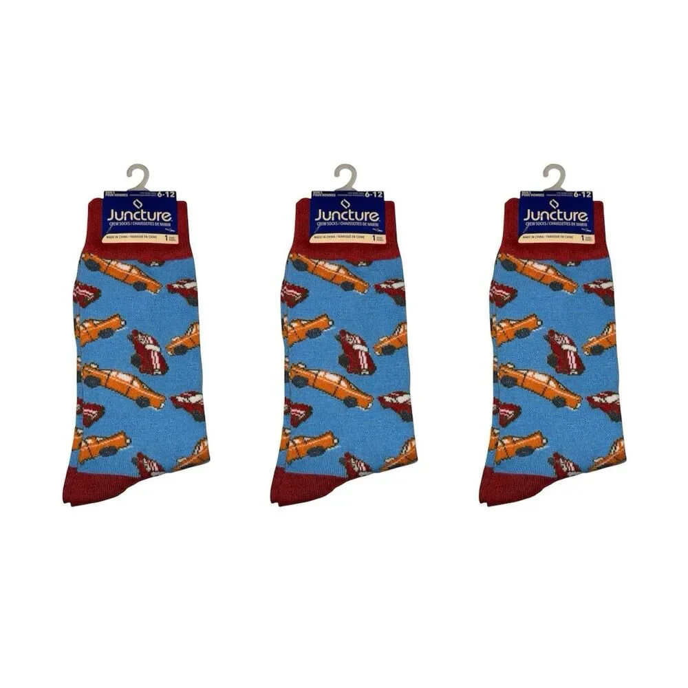 3x Juncture Mens Crew Socks Cars Size 6-12